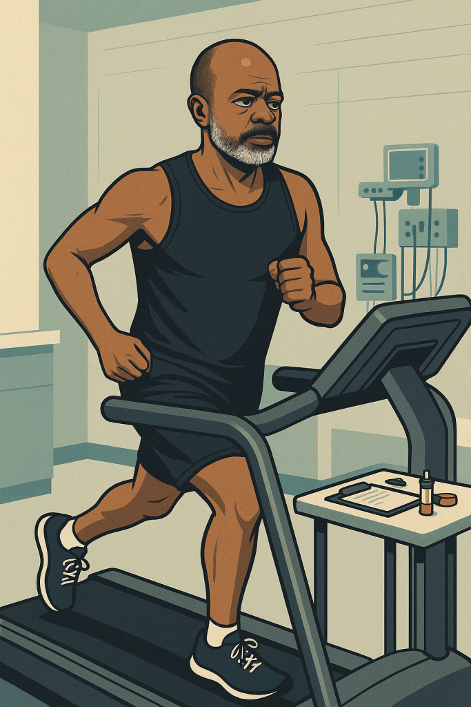 A stylized digital illustration of my Lactate Threshold test at Body Insight. At age 66, I’m shown running on a treadmill in a sports lab setting, wearing my go-to black tank top. The scene captures the clinical yet supportive environment of the test — no VO₂ mask, just focus, blood sampling, and real-time data collection. This test helped validate my Zone 2 instincts and marked a turning point in my training strategy.