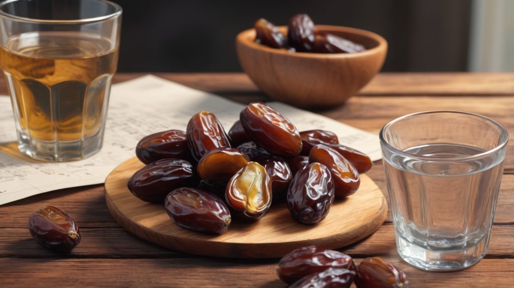 Pre-run fueling setup with pitted dates and water on a rustic wooden table