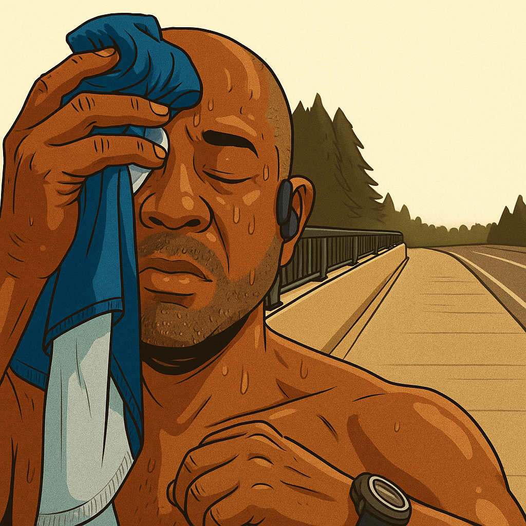 Running in humid weather with heat shimmer rising off the pavement — a symbolic image of hot weather endurance