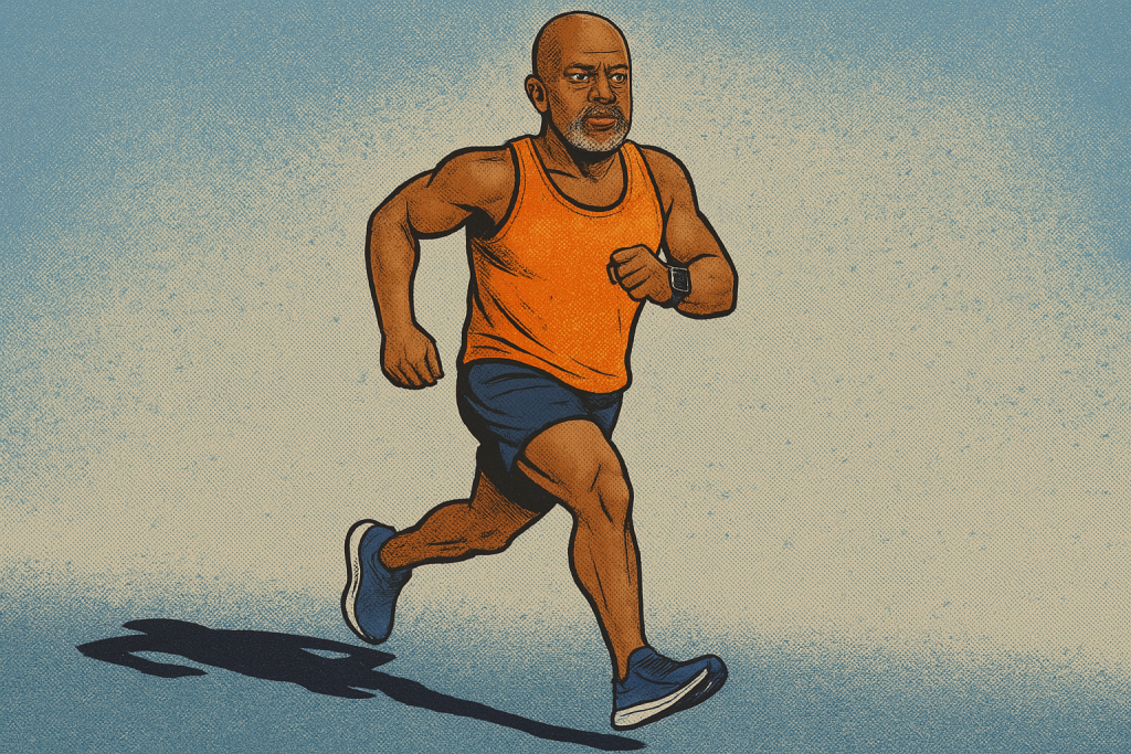 Comic-style illustration of a mesomorphic African-American male runner with a shaved head and salt-and-pepper beard, wearing an orange tank top, navy shorts, blue Altra running shoes, and a Garmin watch on his left wrist, mid-stride with a dynamic shadow beneath him.