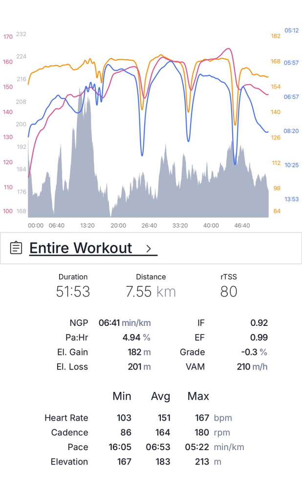 Full workout breakdown: heart rate, pace, cadence, and elevation all in one chart. This is how training metrics tell the real story of effort, efficiency, and recovery. Data from my June 17 tempo session (3 × 8 min in Zone 4).