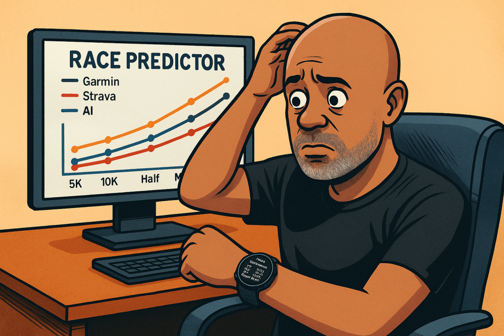 Comic-style illustration of a bald, middle-aged man with a gray beard wearing a Garmin watch on his left wrist, seated at a desk, scratching his head while looking at a computer displaying race prediction graphs for Garmin, Strava, and AI