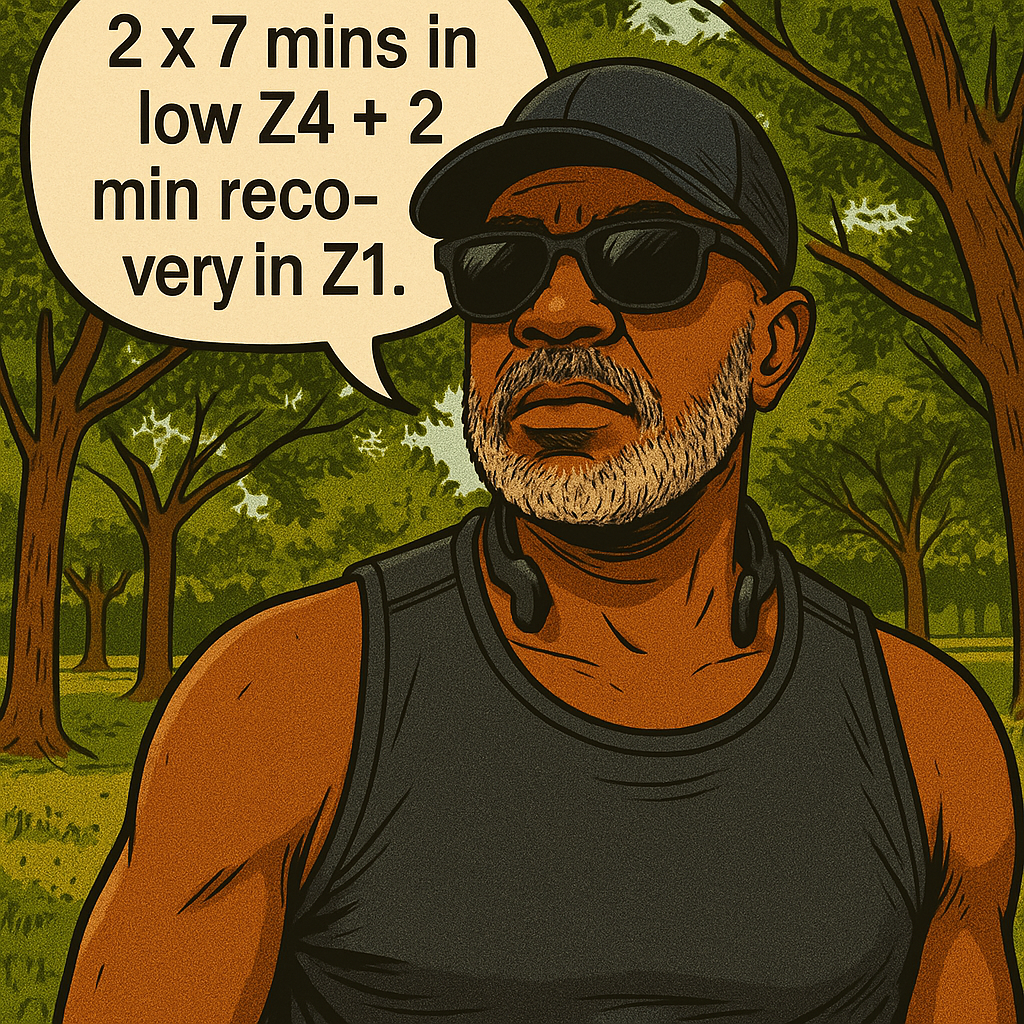 Comic-style image of older runner sharing Zone 4 interval workout for marathon training – part of Plus50Fit's over 50 fitness 'Thought of the Day' series