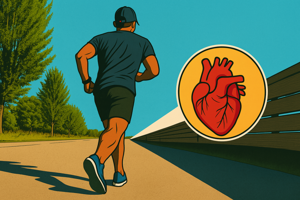 A muscular middle-aged Black man runs away from the camera on a sunlit path, with both calf muscles highlighted in red heart-shaped overlays to symbolize the “second heart” concept.