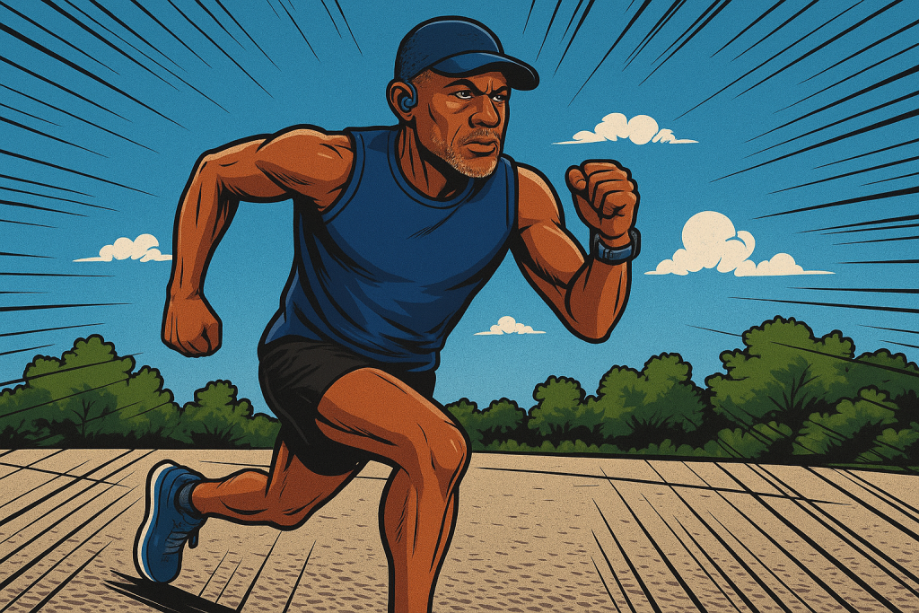 A comic-style landscape illustration of a determined older male runner with a closely trimmed salt-and-pepper beard and mustache. He wears a blue running cap, sleeveless blue top, black shorts, and blue Altra Experience Flow shoes. A Garmin watch is visible on his left wrist, and Shokz OpenMove bone-conduction headphones are around his neck. He is mid-stride on a sunlit path with trees and sky in the background, exuding focus and fitness.