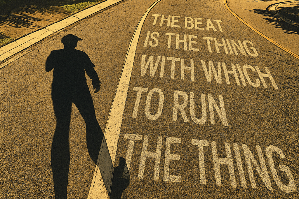 A comic-style digital illustration of a long shadow of a runner cast onto a sunlit asphalt road with curved white lines, evoking a sense of early morning solitude and determination.
