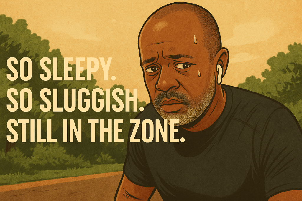 Runner with tired expression in early morning light, glancing downward mid-stride. Overlay reads: ‘So sleepy. So sluggish. Still in the zone.