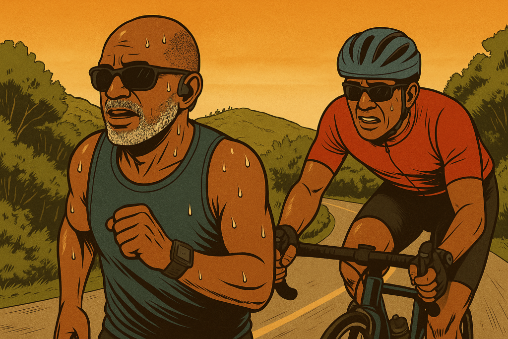 A comic-style digital illustration shows an older Black male runner and a male cyclist racing uphill at sunset. Both athletes wear sunglasses, Garmin watches on their left wrists, and Shokz OpenMove headphones. The runner is in a blue singlet, the cyclist in a red jersey and helmet. Both are sweating and straining, neck and neck in a dramatic hill climb surrounded by trees and winding road.