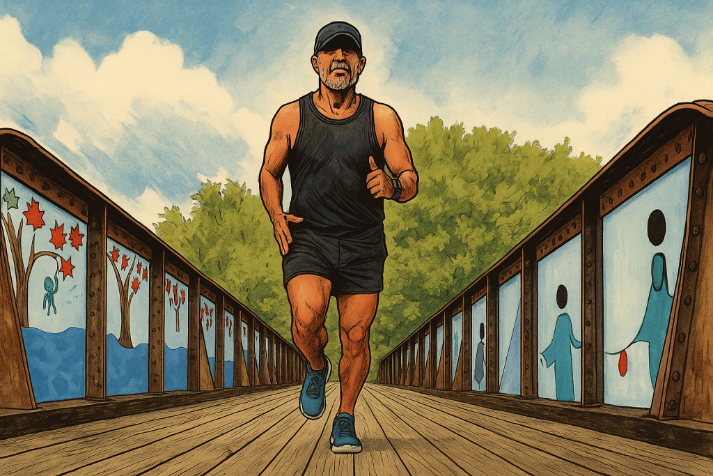 A comic-style wide-format illustration of a middle-aged male runner in a black tank top, shorts, and cap, jogging confidently down a wooden bridge adorned with colorful mural panels on both sides. The bright sky and green trees frame the background, emphasizing motion, vitality, and scenic tranquility.