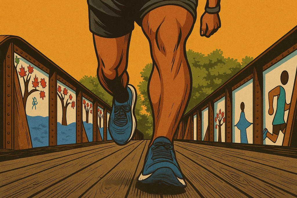 A wide-format comic-style illustration of a close-up forward stride running pose on a wooden bridge with colorful mural panels. The scene captures a muscular middle-aged runner mid-stride, with one leg extended toward the viewer and the other lifting off the ground. The perspective emphasizes motion and determination, set against a backdrop of green trees and a soft blue sky.