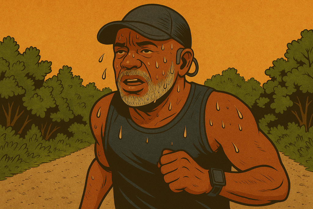 A comic book-style illustration of a muscular, bald African-Canadian man running on a wooden bridge in Parry Sound. He is wearing a black tank top, black shorts, blue running shoes, and Shokz OpenMove bone-conduction headphones. His face and body glisten with sweat under a partly cloudy summer sky. The bridge is lined with colorful murals of trees and figures, and lush green trees frame the background.