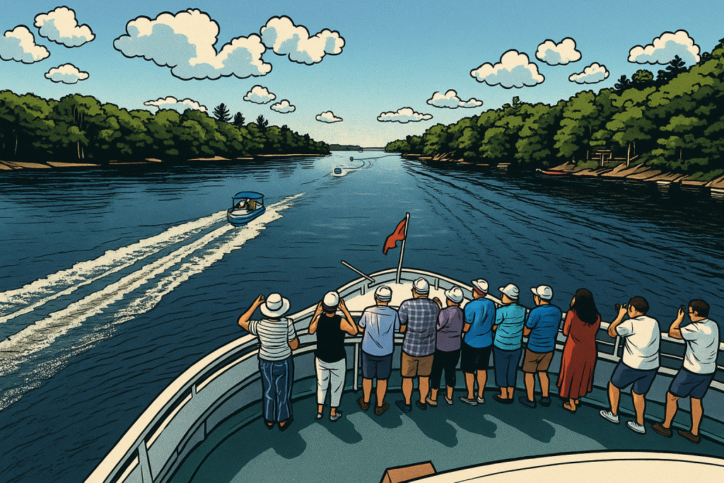Passengers on a sightseeing boat cruise through the forested islands of Georgian Bay, watching a smaller motorboat pass by on a sunny summer day.