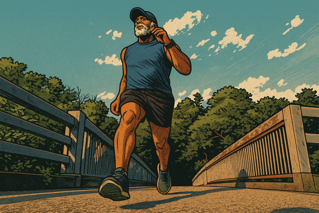Comic-style version of a runner in motion on bridge during early morning heat adaptation run – Plus50Fit