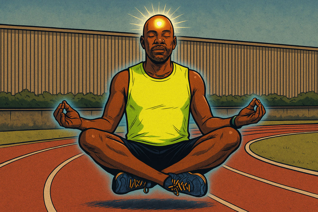 Comic-style illustration of a meditating Black runner in a yellow tank top, floating cross-legged above a running track, eyes closed with a glowing third eye.