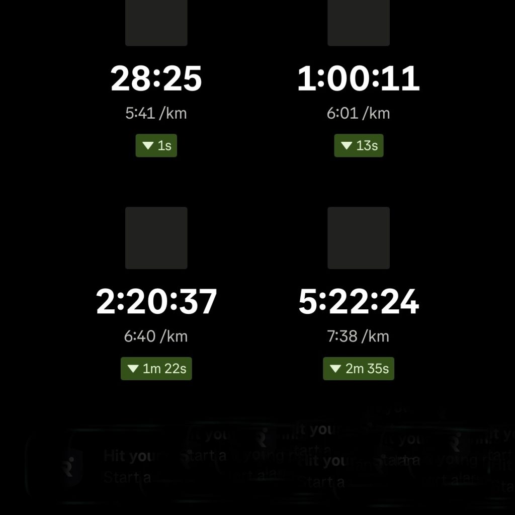 Strava performance prediction screen showing estimated race times for 5K, 10K, Half, and Marathon distances.
