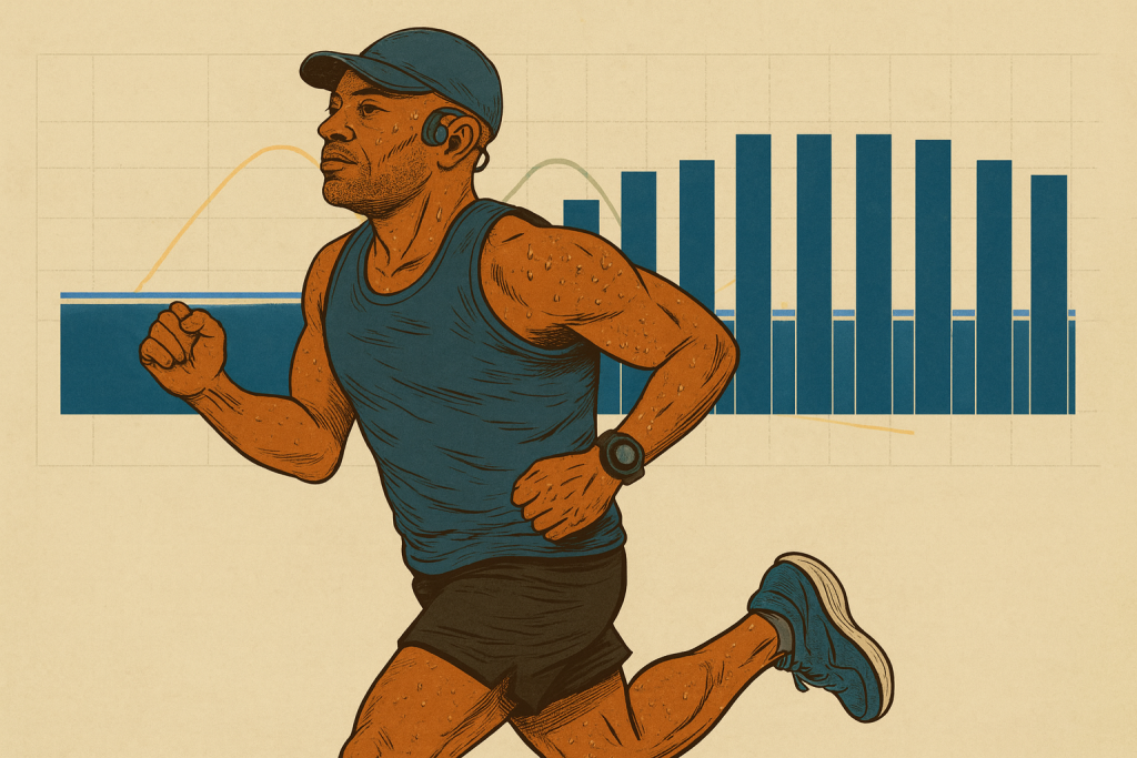 Wide, vintage comic‑style illustration of a middle‑aged Black runner wearing a blue tank, black 7‑inch shorts, blue/gray cap, Shokz Open Move headphones, Garmin on the left wrist, and blue Altra Experience Flows, sprinting across the frame. Behind him, a TrainingPeaks‑style blue interval bar strip spans the width, with a faint Maurten Mix 160 + Gel 160 fuel‑timing line graph layered behind the bars.