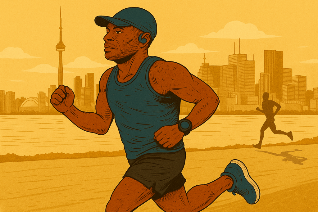 A digital illustration of the Plus50Fit avatar running along Toronto’s lakeside path in front of the CN Tower and city skyline, with a golden background and the shadow of another runner in the distance.