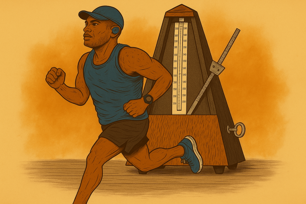 Plus50Fit avatar running in front of a large wooden metronome, symbolizing cadence and rhythm in marathon training.