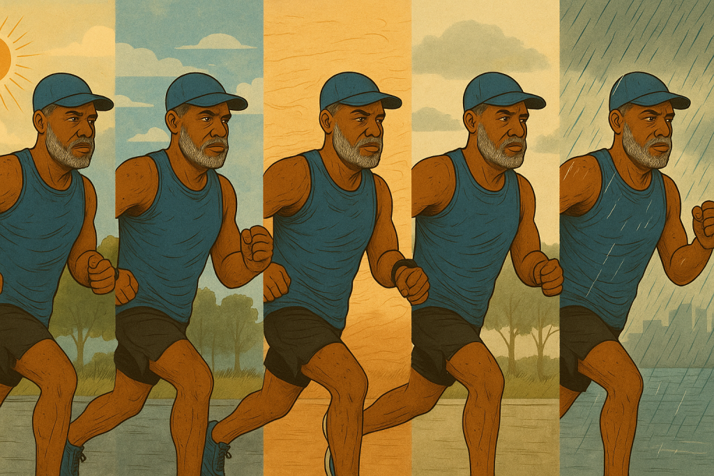 A wide-format composite illustration of a fit middle-aged runner with salt-and-pepper beard, Shokz bone-conduction headphones, and Garmin watch on his left wrist. The runner avatar appears five times, each in a different weather vignette: sunny, breezy with clouds, heat shimmer, calm skies, and heavy rain. Vintage-textured style emphasizes endurance through varied conditions.
