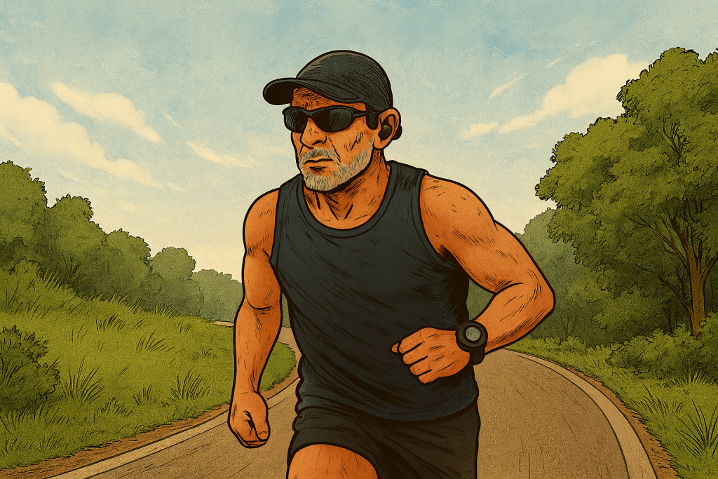 Comic-style illustration of a relaxed older male runner cruising on a rolling path in cool weather. He's wearing Shokz Open Move headphones and a Garmin watch, with visible effort but easy form.