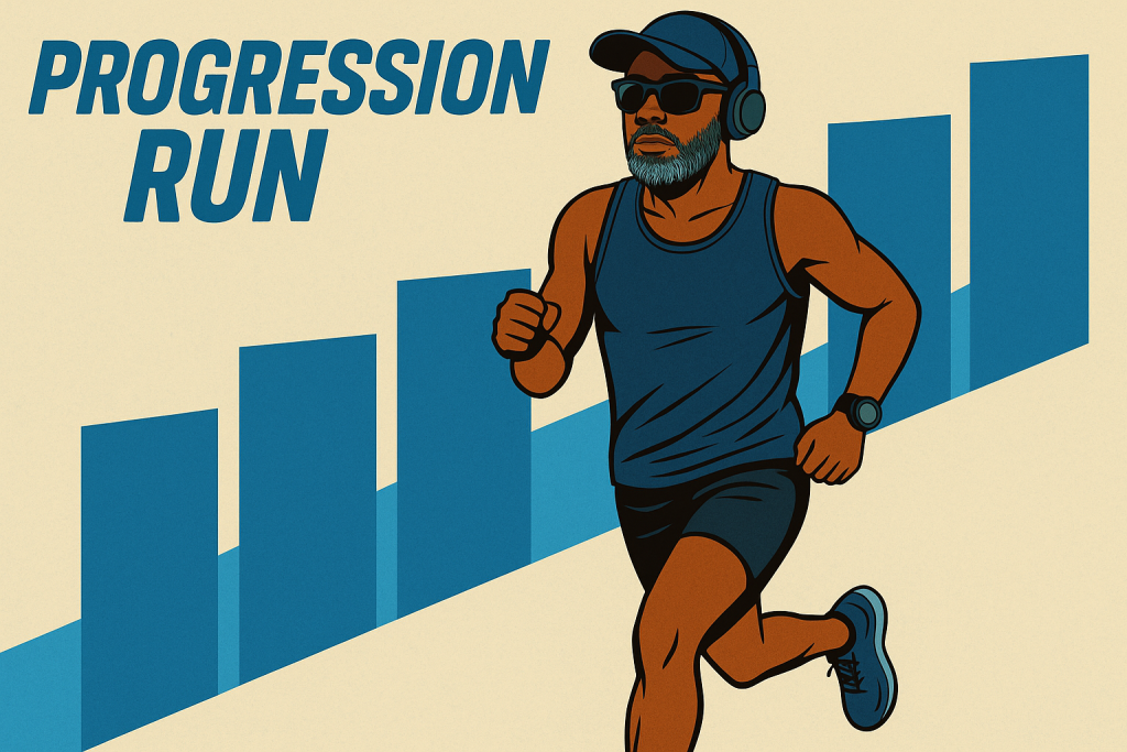 Progression Run August 19 2025 Plus50Fit - full-body avatar runner with black skin tone, cap, Goodr sunglasses, Shokz headphones, and Garmin on left wrist, striding toward camera with angled progression graphic in background.