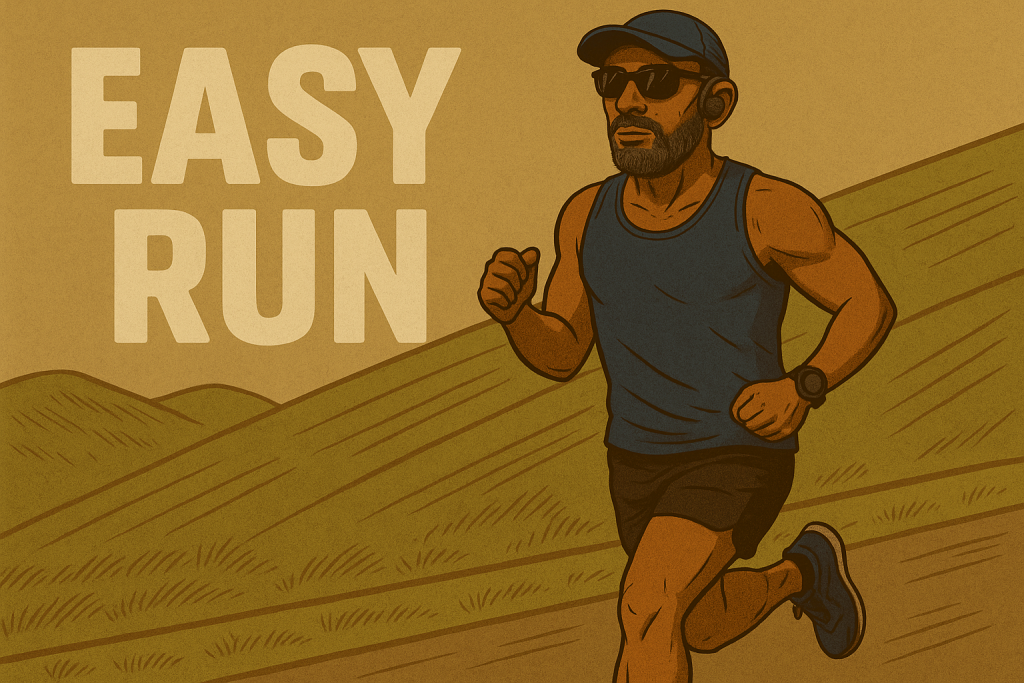 Easy Run August 20 2025 Plus50Fit — avatar runner mid-stride with cap, Goodr sunglasses, and Shokz headphones, running toward camera with stylized rolling terrain in background.