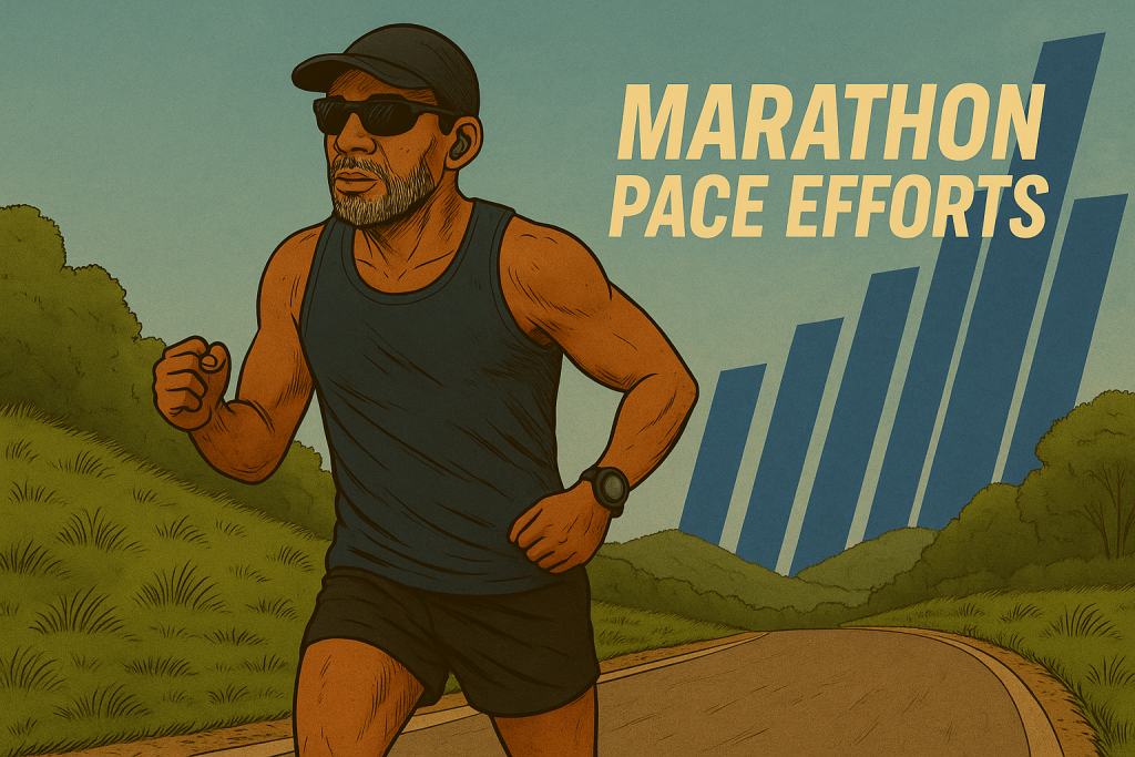 Marathon Pace Efforts August 22 2025 Plus50Fit - avatar runner with cap, Shokz headphones, and Goodr sunglasses mid-stride against stylized angled pace bars and hills.
