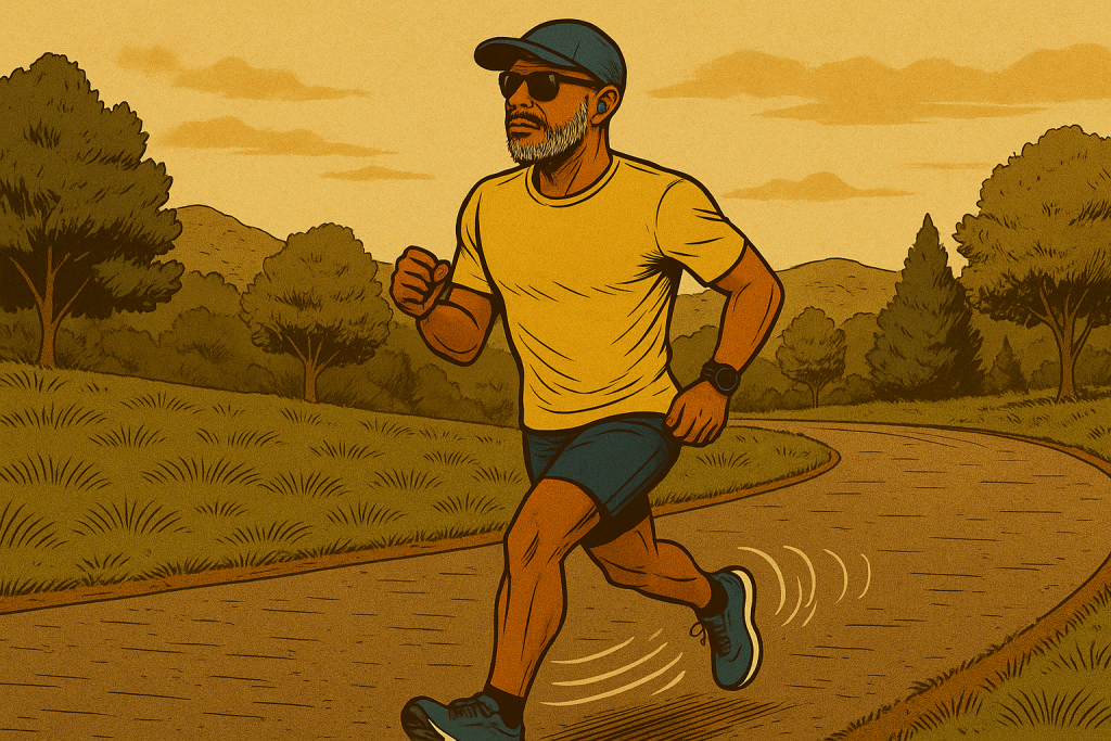 Vintage comic-style illustration of Plus50Fit avatar with medium-brown skin, salt-and-pepper beard, Goodr sunglasses, running cap, and Shokz headphones, running a Zone 2 aerobic endurance run on a winding suburban path, wearing a yellow shirt, navy shorts, turquoise shoes, and Garmin watch on left wrist, cadence rhythm lines near feet.