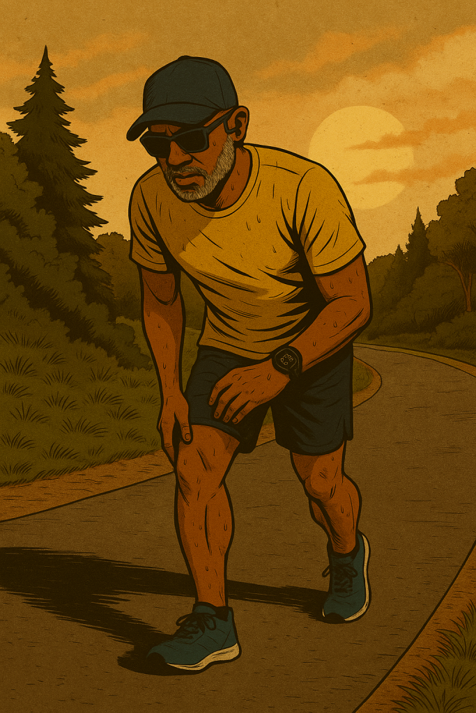 Vintage comic-style illustration of Plus50Fit avatar with medium-brown skin, salt-and-pepper beard, Goodr sunglasses, running cap, and Shokz headphones, slowing to a walk after a progression run at 45 minutes, wearing a yellow shirt, navy shorts, turquoise shoes, and Garmin watch on left wrist, with sunset and rolling hills in the background.