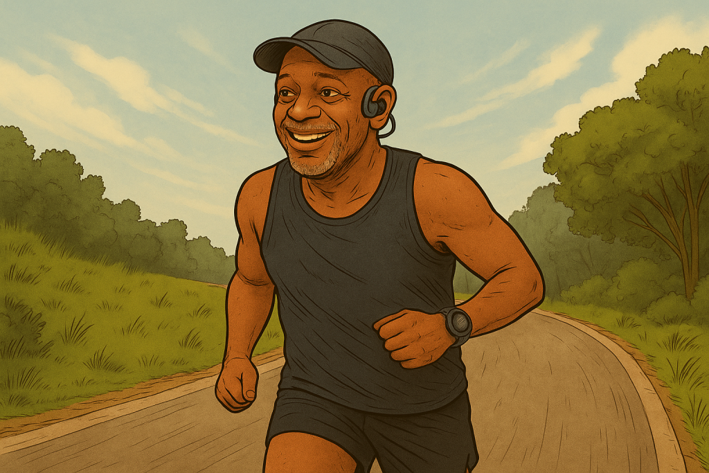 Comic-style illustration of a middle-aged Black male runner in sunglasses and a cap, running on a country road in warm weather. He’s wearing a tank top, shorts, Shokz Open Move headphones, and a Garmin watch, with light sweat and focused expression.