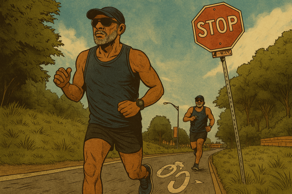 Comic-style illustration of two avatars of the same older male runner moving through a street scene at twilight, with a dramatic sky and a looming stop sign above. One runner is mid-stride in the foreground, while the other trails further back under city lights.