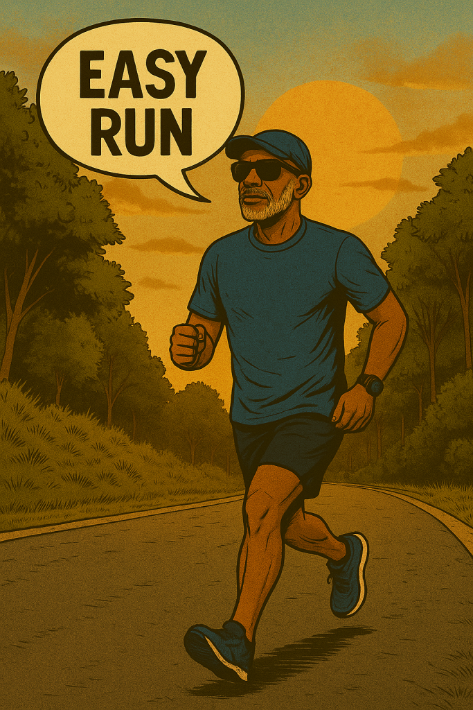 Vintage comic-style illustration of Plus50Fit avatar with medium-brown skin, salt-and-pepper beard, Goodr sunglasses, running cap, and Shokz headphones, running an easy Zone 2 morning run on a tree-lined path, wearing a blue performance shirt, navy shorts, turquoise shoes, and Garmin on left wrist, with warm golden sunlight in the background.