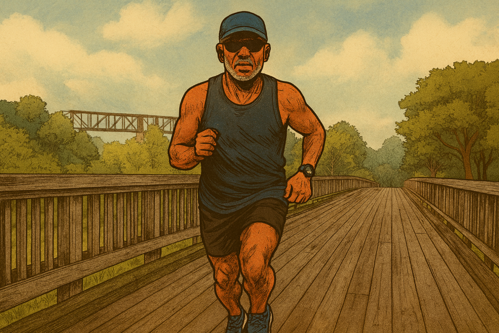 A comic-style illustration of a fit middle-aged male runner crossing a wooden bridge surrounded by greenery, wearing a blue tank top, black shorts, blue Altra Experience Flow shoes, and a blue-gray On cap, with a Garmin watch on his left wrist—depicting a strong stride on an early morning Zone 2 easy run.