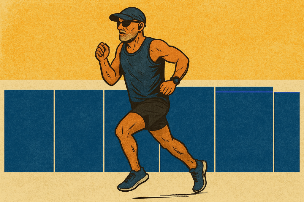 Comic-style digital illustration of a fit, Black male runner progressing across seven bold training blocks, representing a structured Zone 2 to Zone 4 progression run. The scene mirrors a TrainingPeaks-style workout graph, visually capturing the ascending intensity stages of the run.