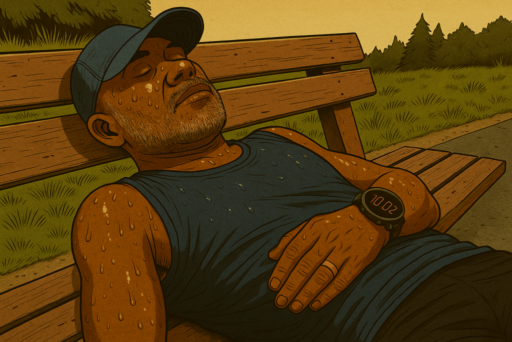 A digital illustration of a sweaty male runner lying on a wooden park bench after a hot summer run, wearing a blue tank top, black Garmin watch on left wrist, and cap pulled low. This image captures post-run fatigue during a marathon pace workout in Zone 2 to Zone 3.