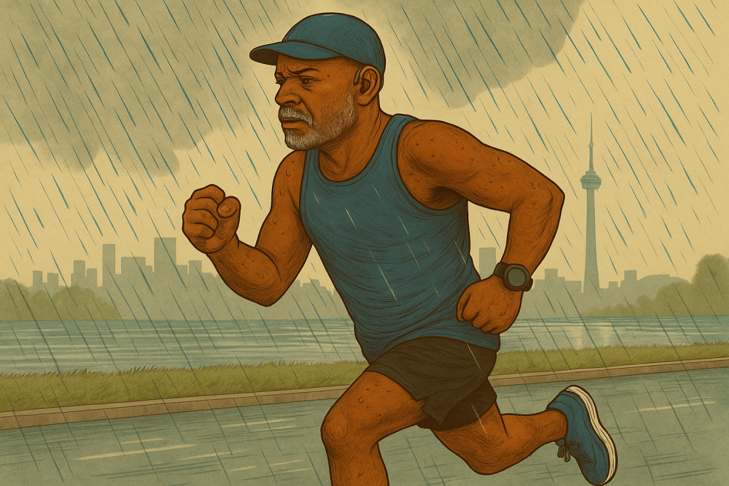 Vintage-style digital illustration of Plus50Fit avatar running strong during Build Phase 2 Week 3 Run 5, wearing Shokz bone-conduction headphones and Garmin watch, marathon training blog feature image.