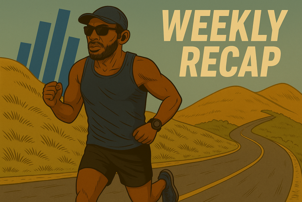 Weekly Recap August 18–24 2025 Plus50Fit — avatar runner mid-stride with cap, Goodr sunglasses, and Shokz headphones, set against composite background of progression bars, rolling hill, and winding road.