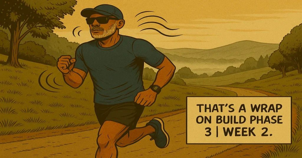 Vintage comic-style illustration of Plus50Fit avatar with medium-brown skin, salt-and-pepper beard, Goodr sunglasses, running cap, and Shokz headphones, running a long Zone 2 run on a misty country path, wearing a blue shirt, navy shorts, turquoise shoes, and Garmin on left wrist, with rolling hills and golden morning light in the background.
