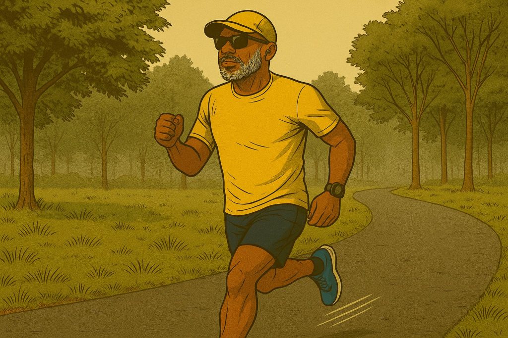 Vintage comic-style illustration of Plus50Fit avatar with medium-brown skin, salt-and-pepper beard, Goodr sunglasses, running cap, and Shokz headphones, running on a misty tree-lined suburban path in the early morning, wearing a yellow shirt, navy shorts, turquoise shoes, and Garmin on left wrist.