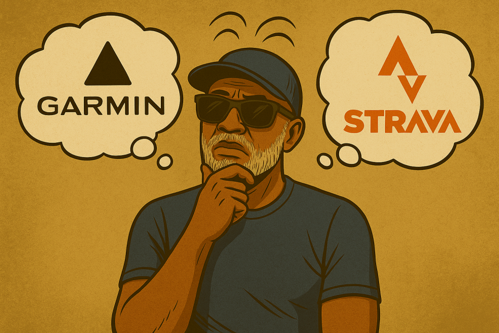Vintage comic-style illustration of Plus50Fit avatar with medium-brown skin, salt-and-pepper beard, Goodr sunglasses, running cap, and Shokz headphones, scratching his chin with a perplexed expression. Thought bubbles show Garmin and Strava logos, representing confusion over race predictions.
