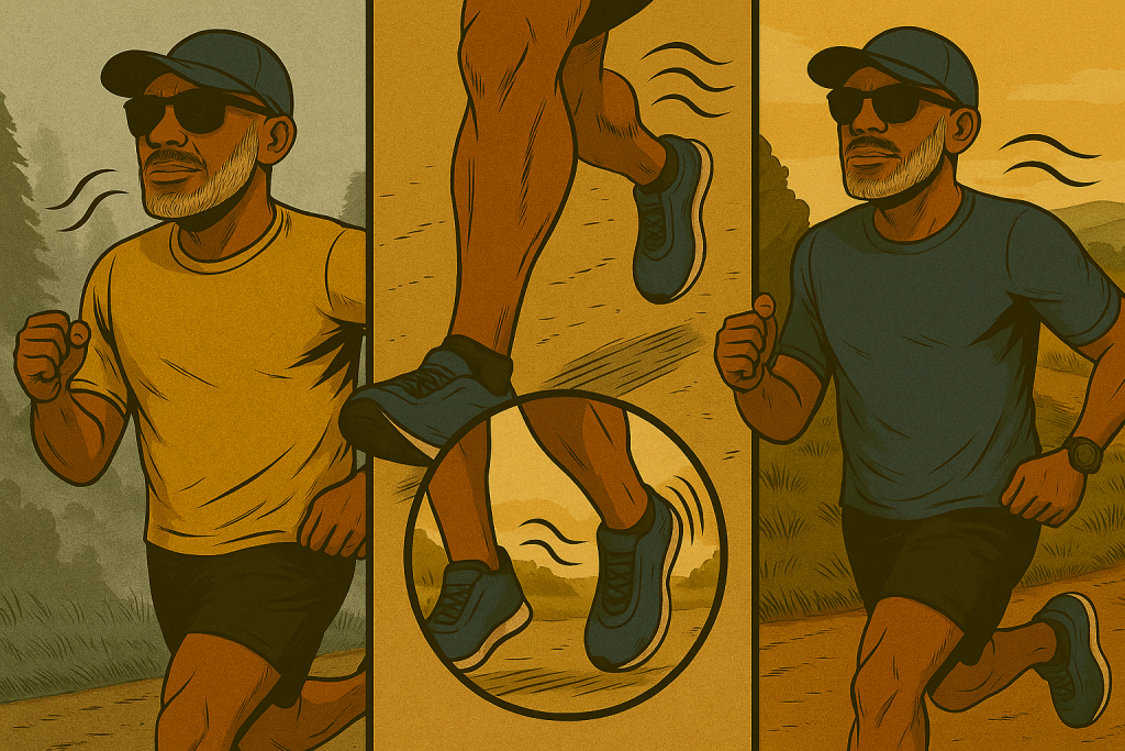 Vintage comic-style collage of Plus50Fit avatar with medium-brown skin, salt-and-pepper beard, Goodr sunglasses, running cap, and Shokz headphones, running in two scenes: left in a yellow shirt on a misty path, right in a blue shirt on rolling hills at sunrise, with a central vignette close-up of feet showing cadence rhythm lines.