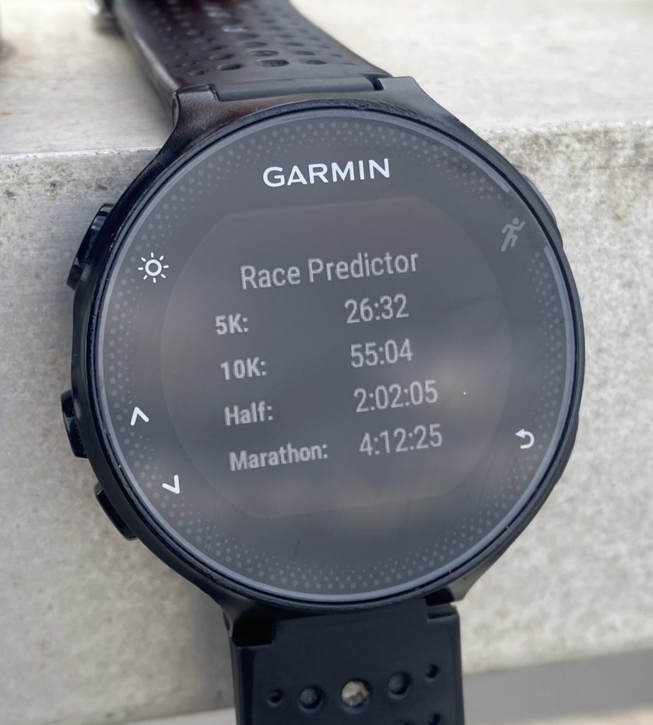 Garmin vs Strava race predictor accuracy - Garmin race predictor screenshot showing 4:12:25 estimated marathon time.
