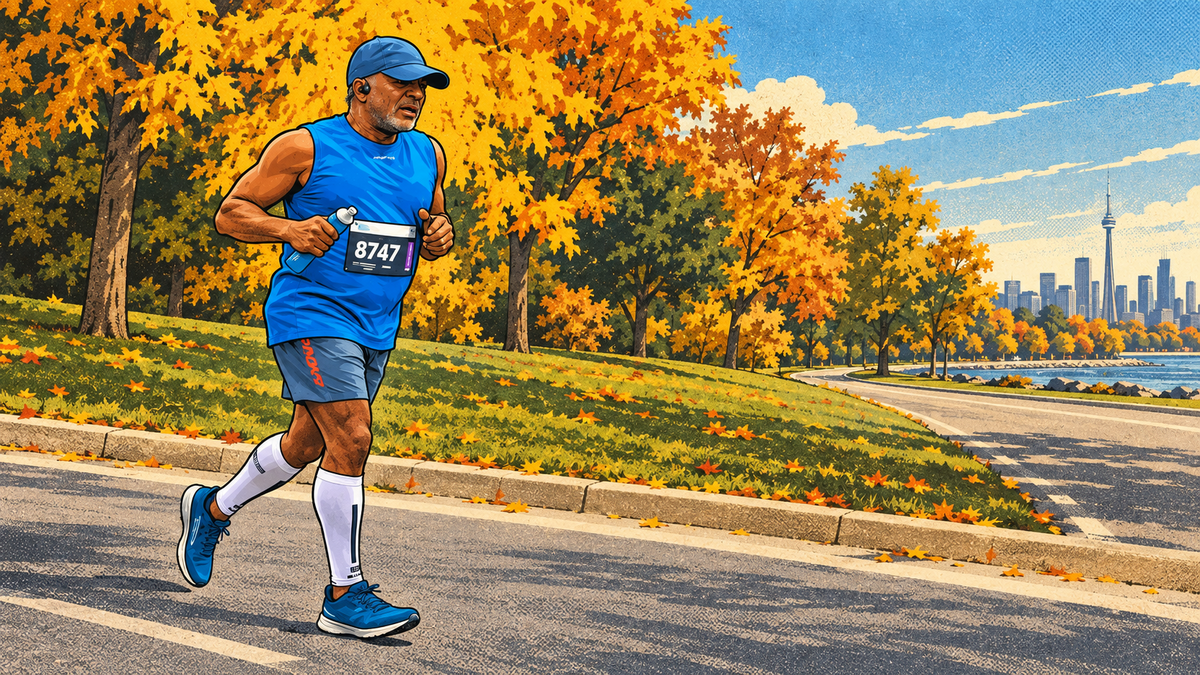 Illustrated portrait of Magnus running the TCS Toronto Waterfront Marathon with the Toronto skyline ahead
