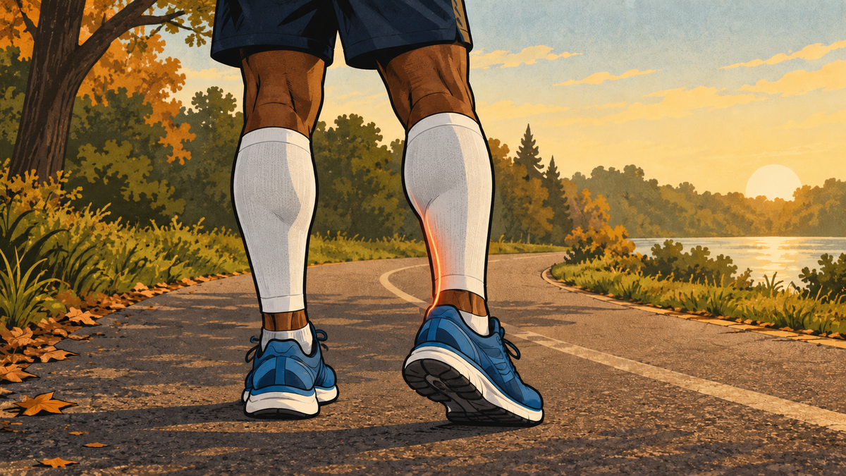 Rear-view illustration of an older runner wearing compression sleeves with right posterior tibialis discomfort highlighted