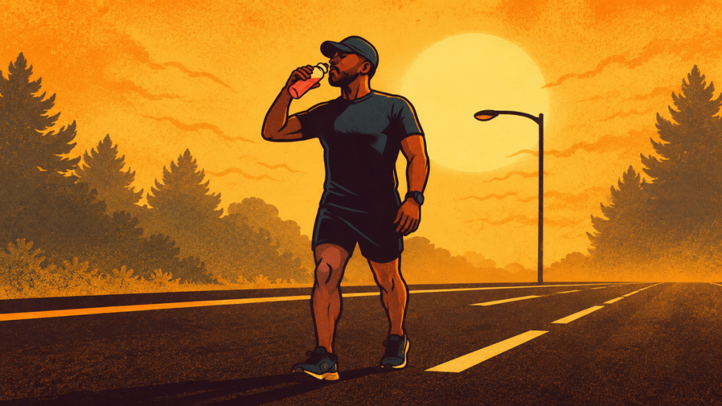 Illustrated portrait of Magnus, the runner behind Plus50Fit, pausing for a drink on an open road