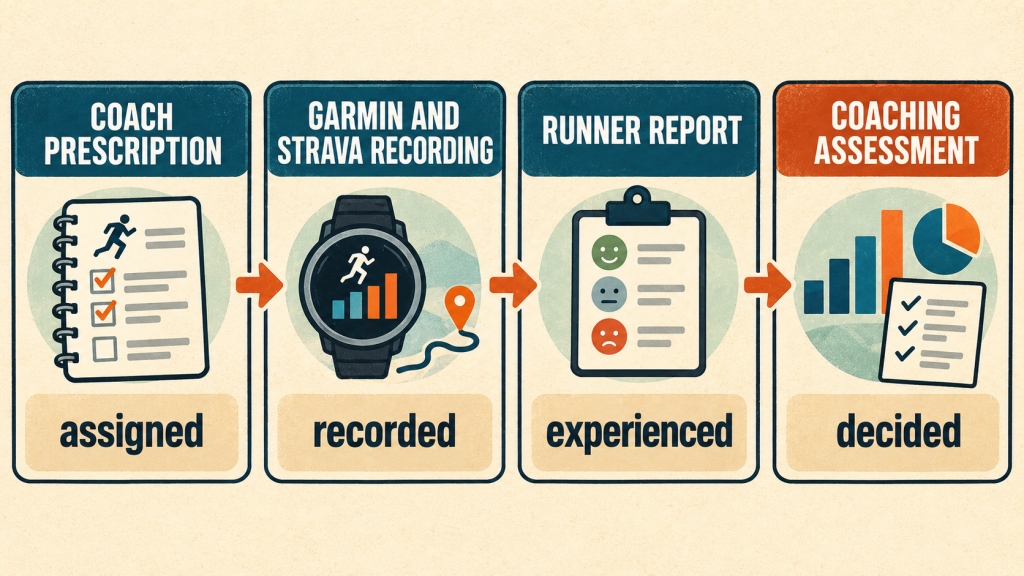 Four sources in an AI running coach analysis: prescription, activity recording, runner report and coaching assessment
