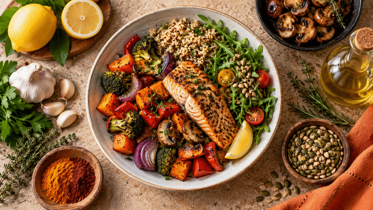 Colourful no-added-sodium meal with lemon, herbs, garlic, mushrooms, spices, olive oil and toasted seeds