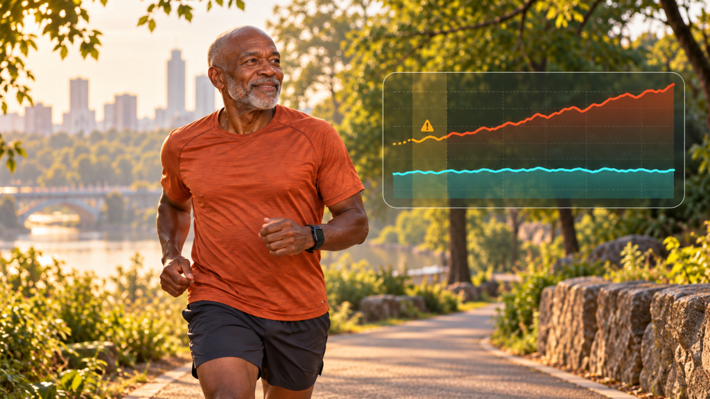Older Black runner examining heart rate drift after an easy run