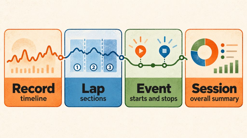 Four layers in a Garmin FIT activity file: records, laps, events and session summary