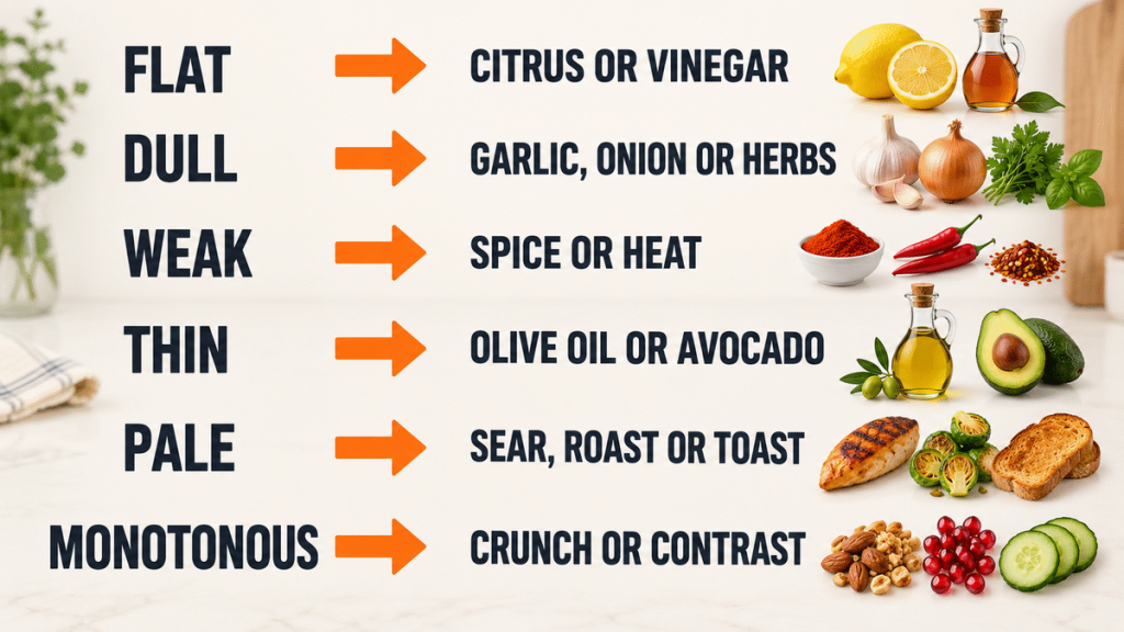 Quick guide showing what to use when food tastes flat, dull, weak, thin or monotonous